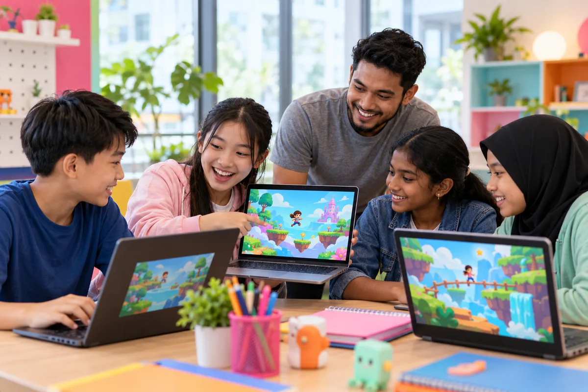 Children building a video game on laptops with their teacher