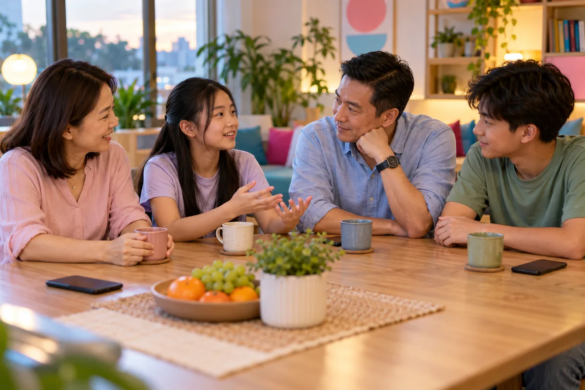 A family listening to each other at the dining table