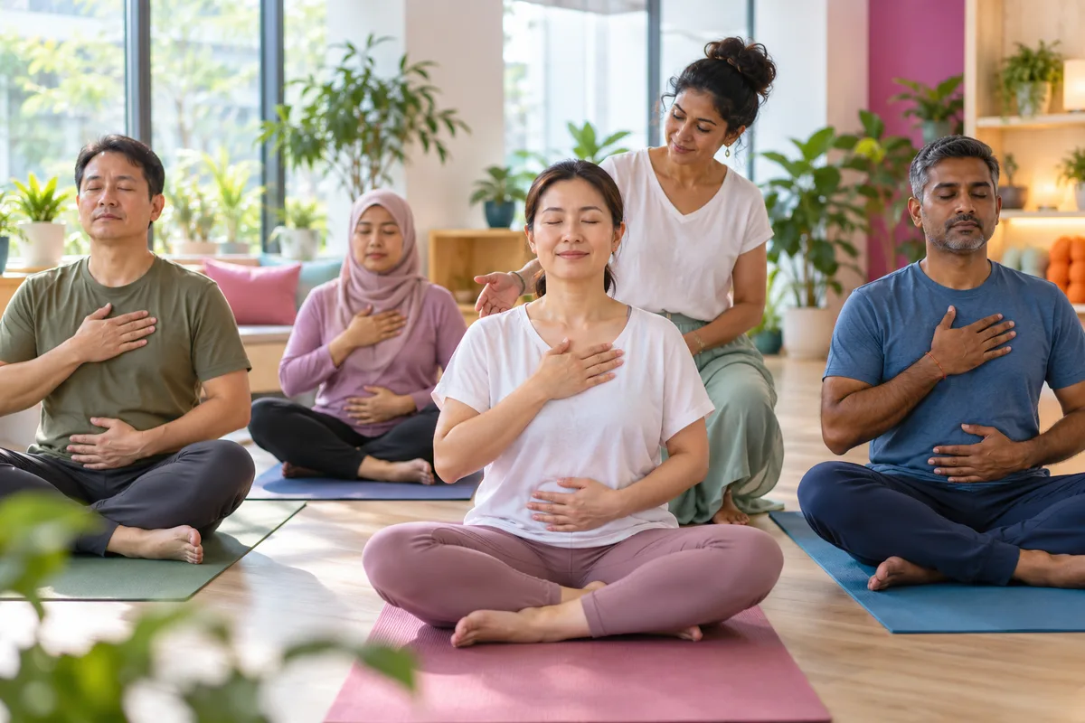 Adults doing a gentle body-awareness exercise on mats