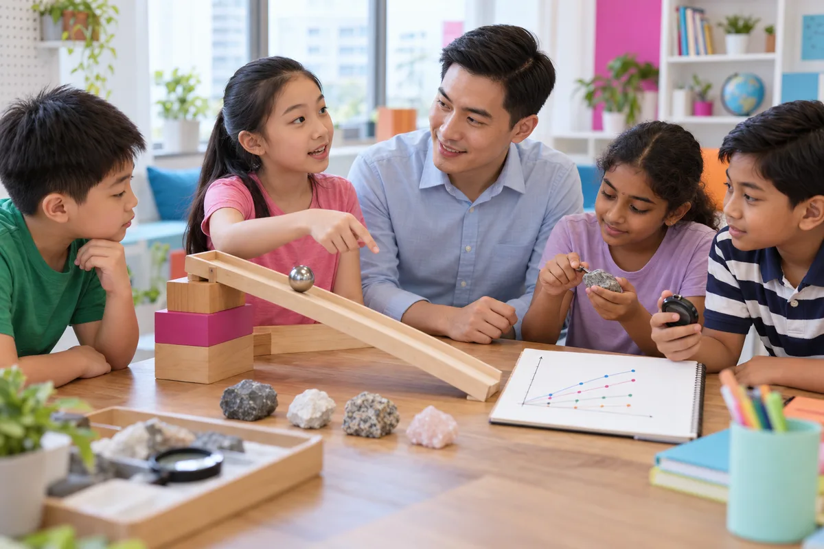 Children testing their own ideas with a ramp and rocks while their teacher listens