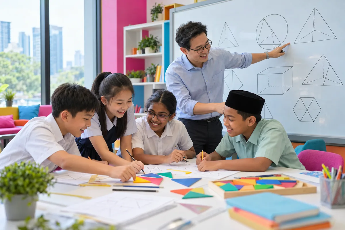 Students solving a maths olympiad puzzle together with their tutor