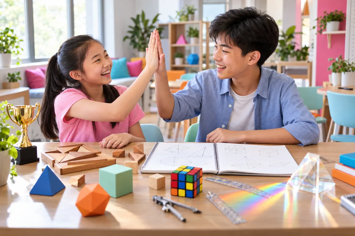 Two students high-fiving after solving an Olympiad puzzle together